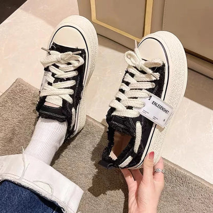 FRAYED TRIM CANVAS PLATFORM SNEAKERS
