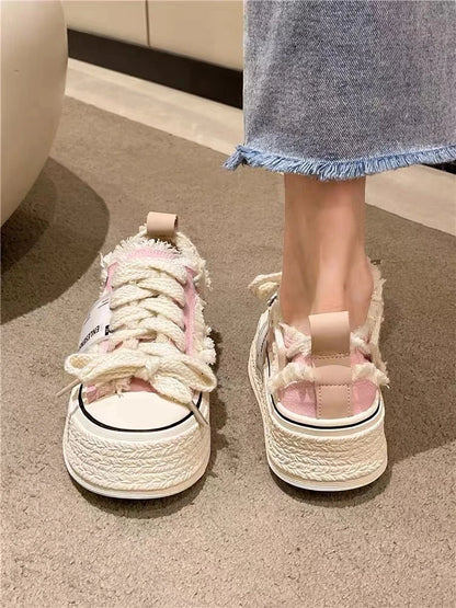FRAYED TRIM CANVAS PLATFORM SNEAKERS