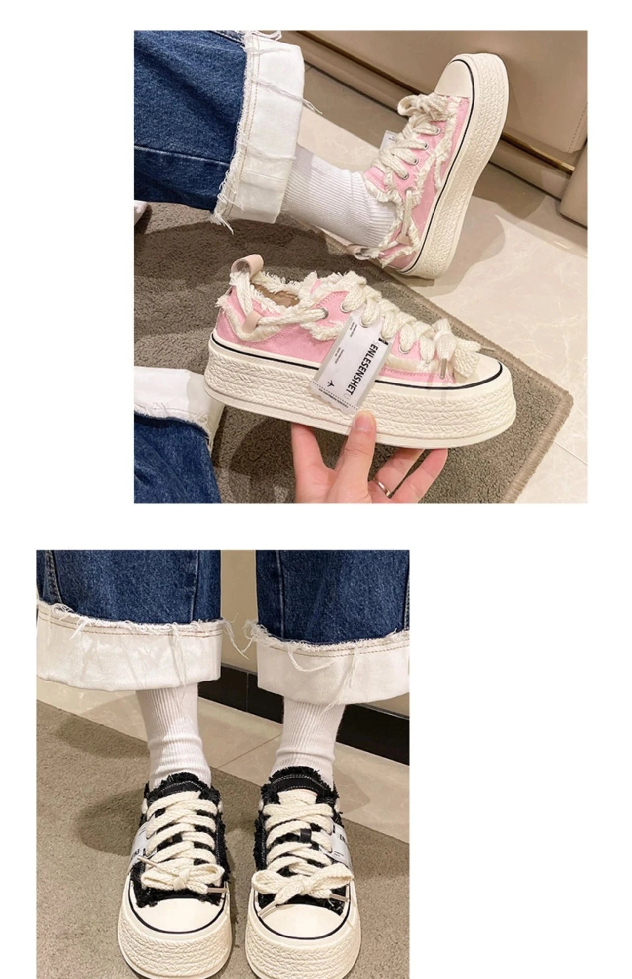 FRAYED TRIM CANVAS PLATFORM SNEAKERS