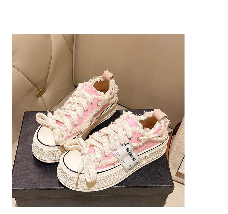 FRAYED TRIM CANVAS PLATFORM SNEAKERS