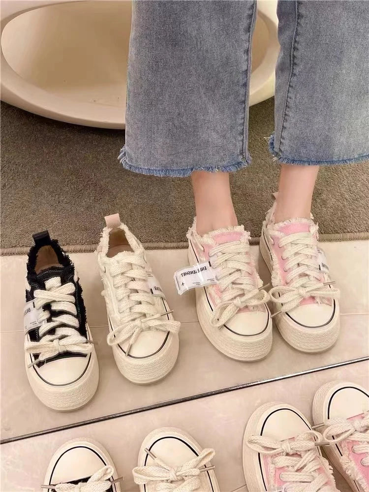 FRAYED TRIM CANVAS PLATFORM SNEAKERS
