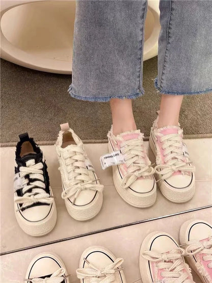 FRAYED TRIM CANVAS PLATFORM SNEAKERS