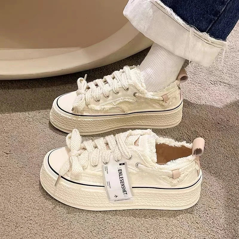 FRAYED TRIM CANVAS PLATFORM SNEAKERS